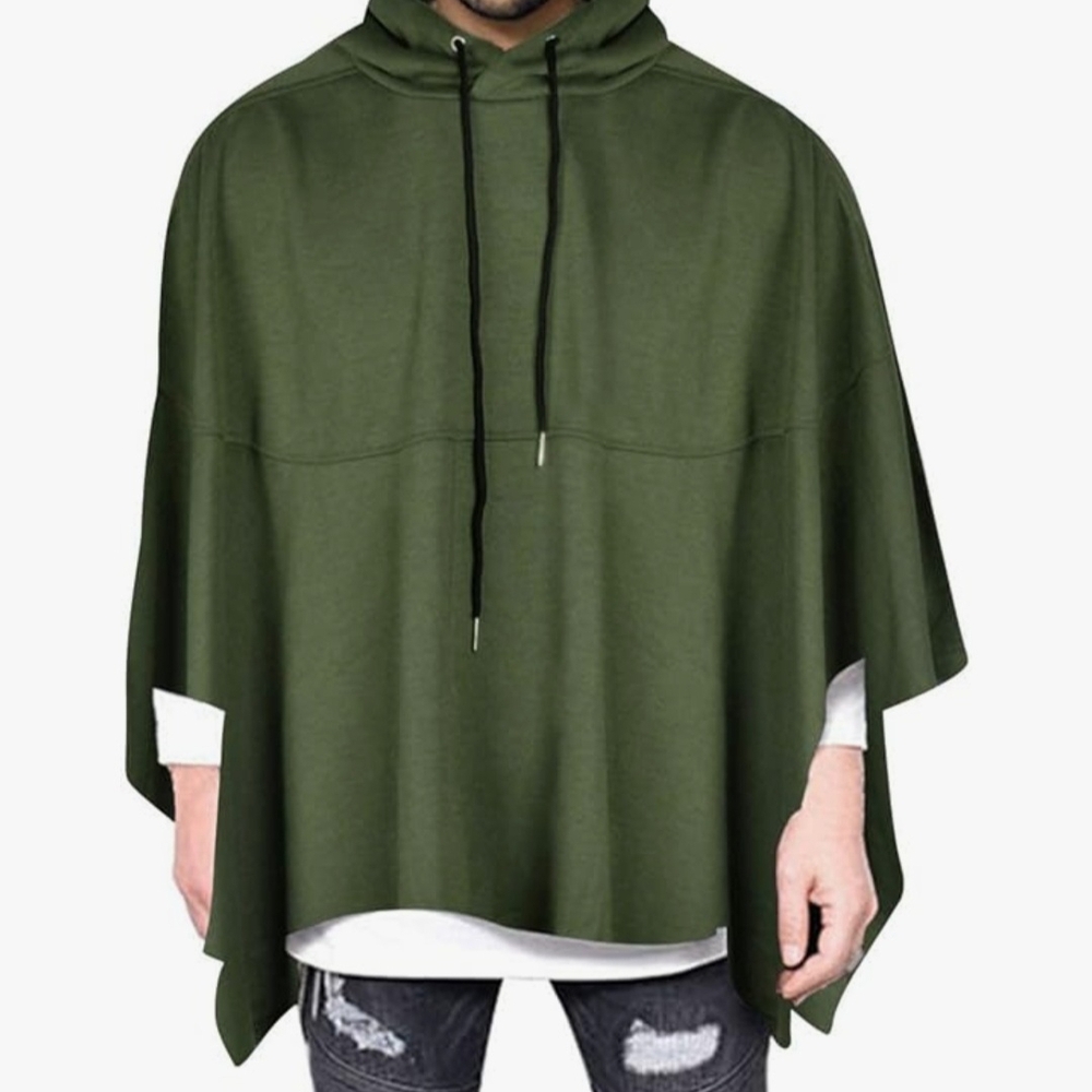 DEMETORY Men's Large Oversized Batwing Sleeves Hooded Poncho Cape Green